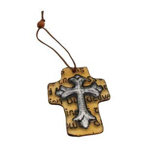 Hanging Religious Cross Christian Glass Ornament 5" Leather Hardware Collectible
